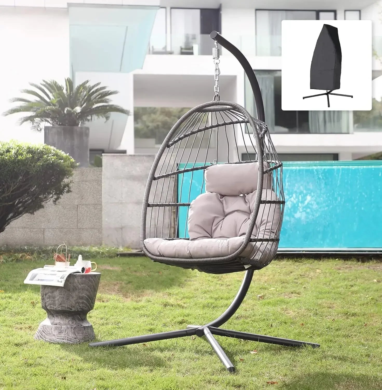 Indoor/Outdoor Egg Swing Chair With or Without Stand, Patio Wicker Rattan Hanging Chair w/Cushion, 350lbs Capacity