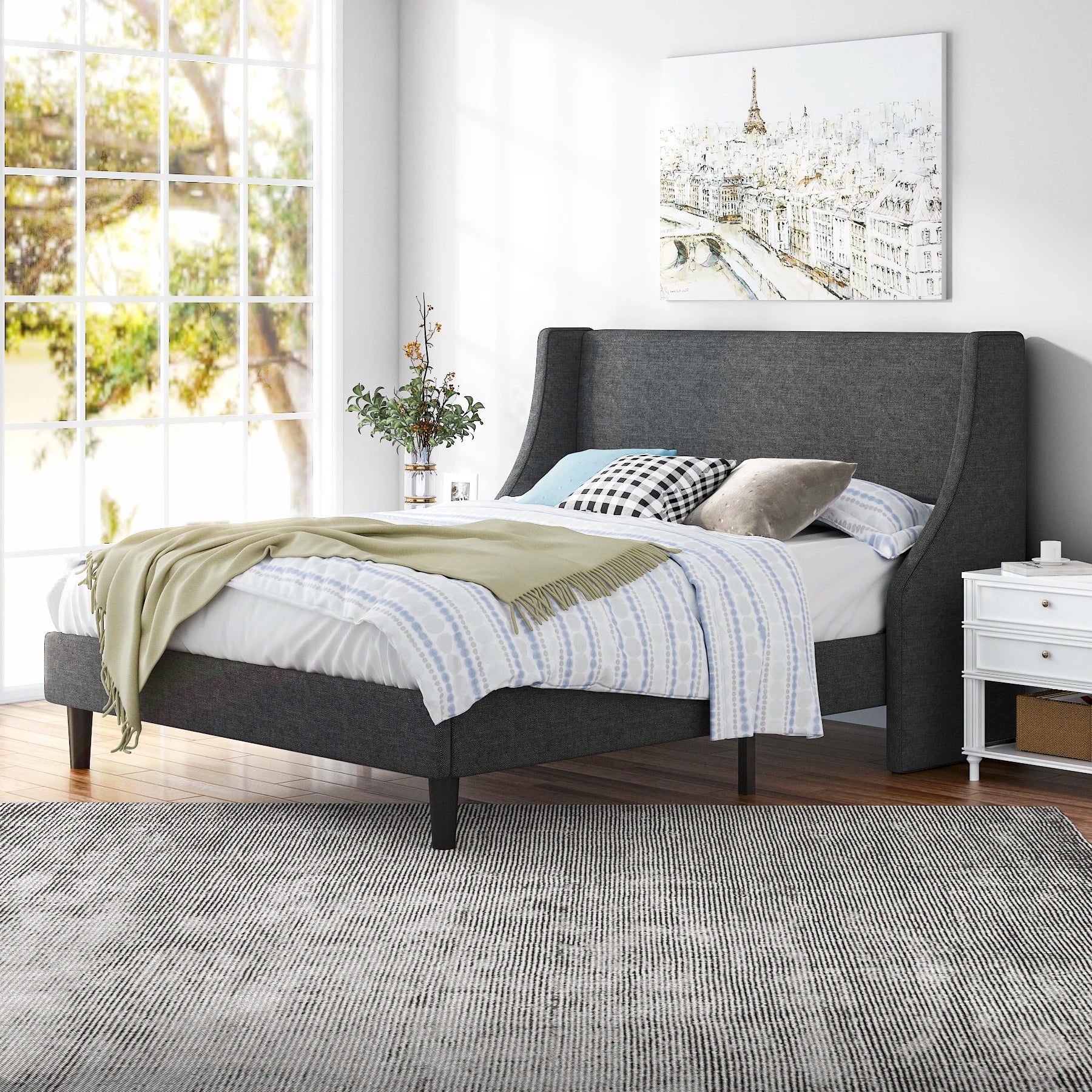 HOOMIC Bed Frame, Fabric Upholstered Modern Wingback Platform Bed with Headboard, Strong Wood Slats Support Allewie