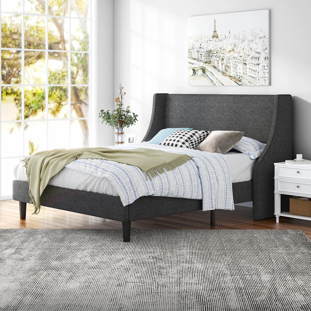 HOOMIC Bed Frame, Fabric Upholstered Modern Wingback Platform Bed with Headboard, Strong Wood Slats Support Allewie