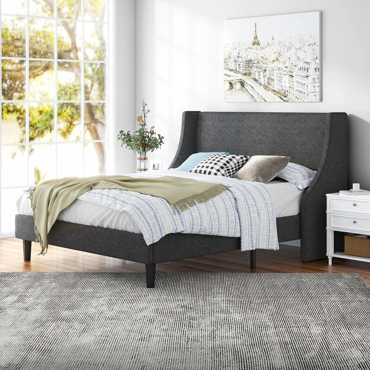 HOOMIC Bed Frame, Fabric Upholstered Modern Wingback Platform Bed with Headboard, Strong Wood Slats Support Allewie