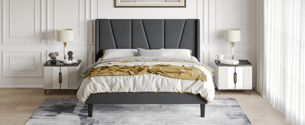 HOOMIC Platform Bed Frame with Geometric Wingback Headboard, Wooden Slats Support, No Box Spring Needed Allewie