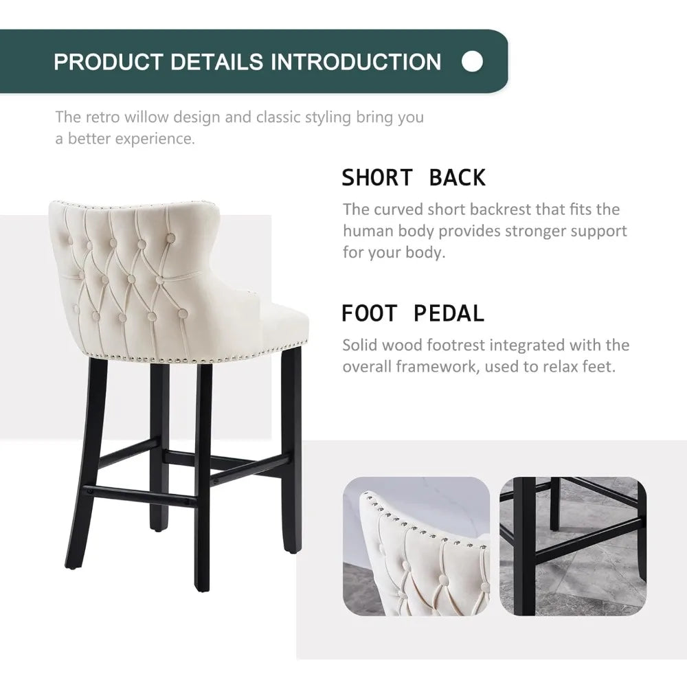 Velvet Bar Stools Set of 2, 26" Counter Height Barstools with Back, Modern Upholstered Bar Stool Chairs with Button Tufted