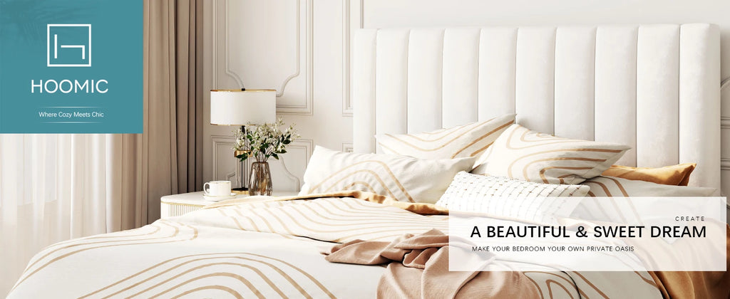 HOOMIC Platform Bed Frame with Velvet Upholstered Plush Vertical Channel Headboard, No Box Spring Needed, Easy Assembly  Allewie