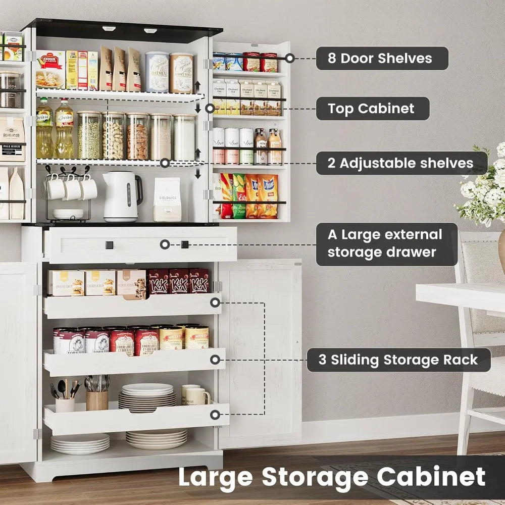 72" Kitchen Pantry Cabinet, Farmhouse Large Kitchen Storage Cabinet with Slide Out Rack & 8 Door Organizer