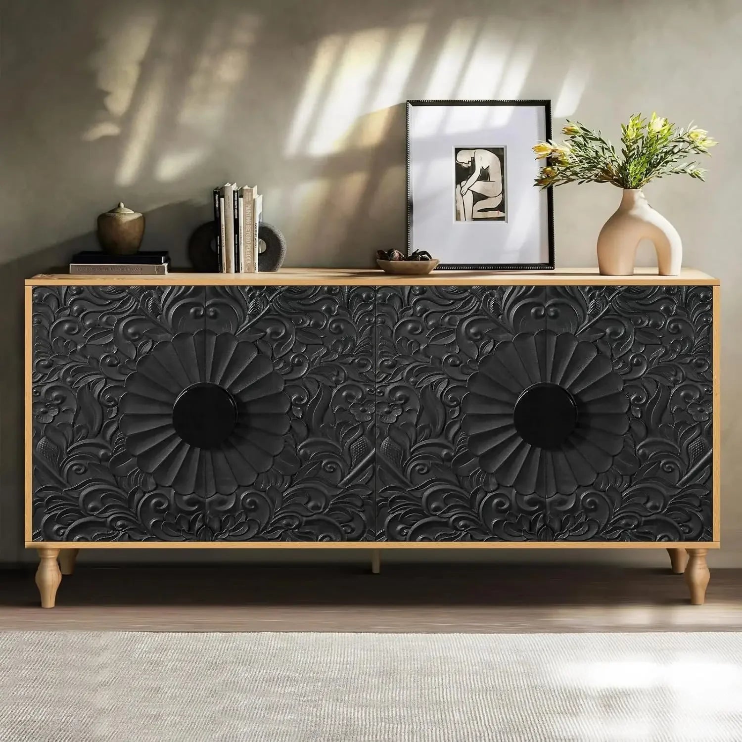Sideboard Buffet Credenzas for Living Room, 63" Antique Entryway Table with Storage Accent Cabinet, Carved Flowers Doors