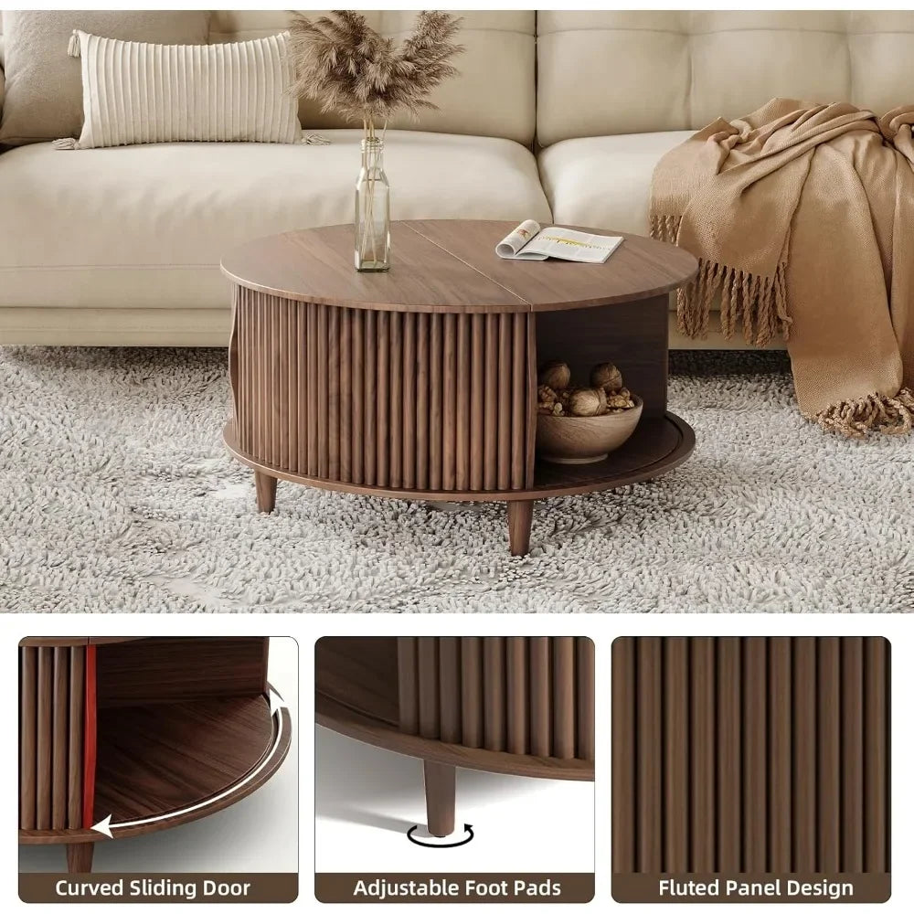 Round Coffee Table with Storage,Mid Century Modern Coffee Table with Sliding Cabinet Door,Coffee Table for Living Room