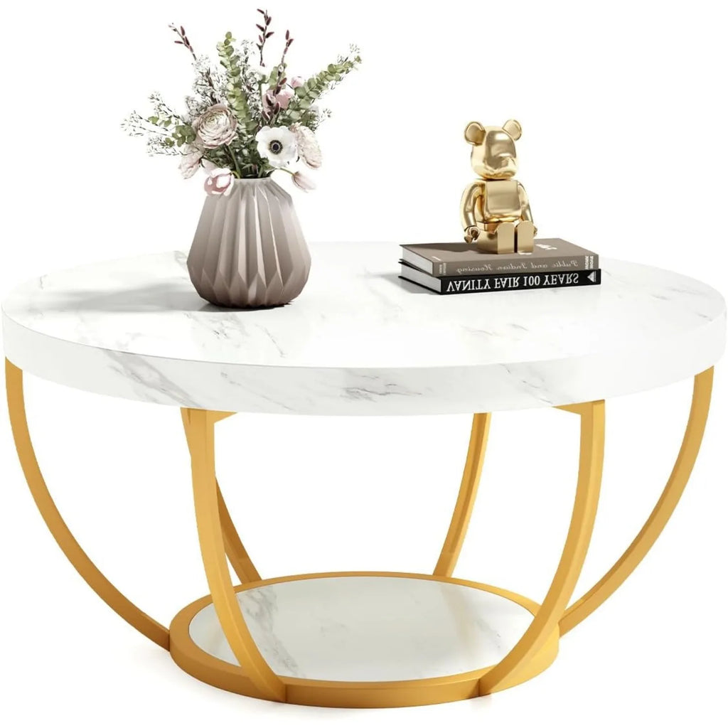 32" Circle Marble Coffee Tables, 2-Tier Golden Metal Legs Accent Center Table with Open Storage Modern Design
