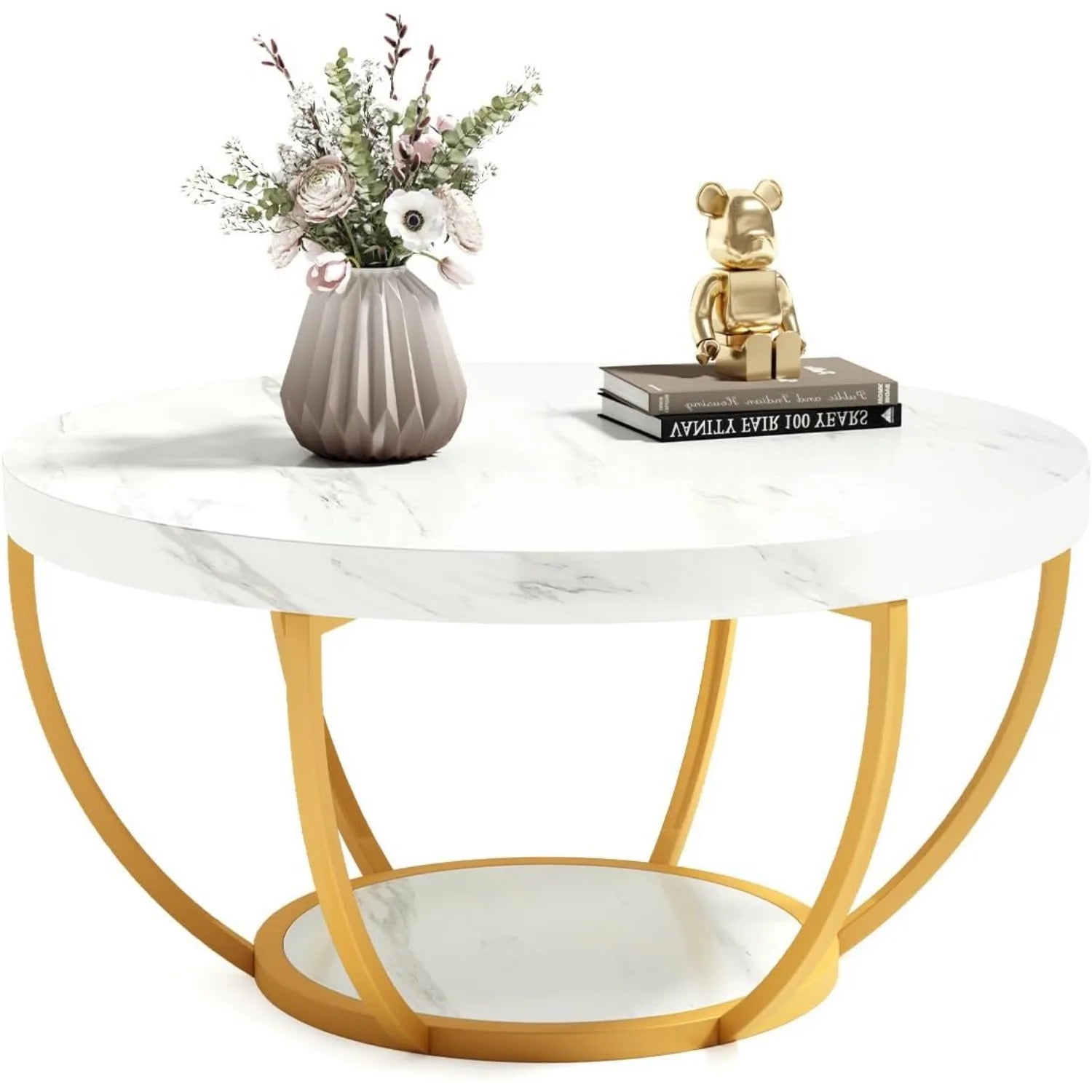 32" Circle Marble Coffee Tables, 2-Tier Golden Metal Legs Accent Center Table with Open Storage Modern Design