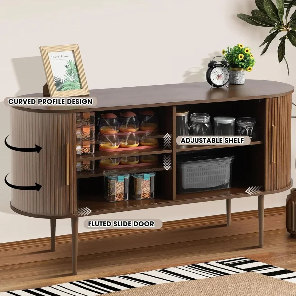 55" Sideboard Buffet with Fluted Slide Doors, Tambour Storage Cabinet with Shelves, Modern Credenza for Living Room