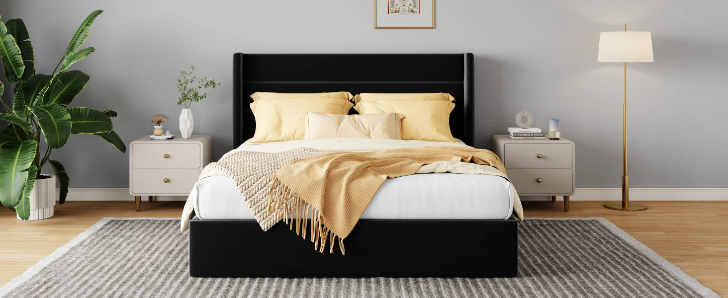 Lift Up Storage Bed with Wingback Headboard/Heavy-Duty Hydraulic Bed/Large Underneath Storage