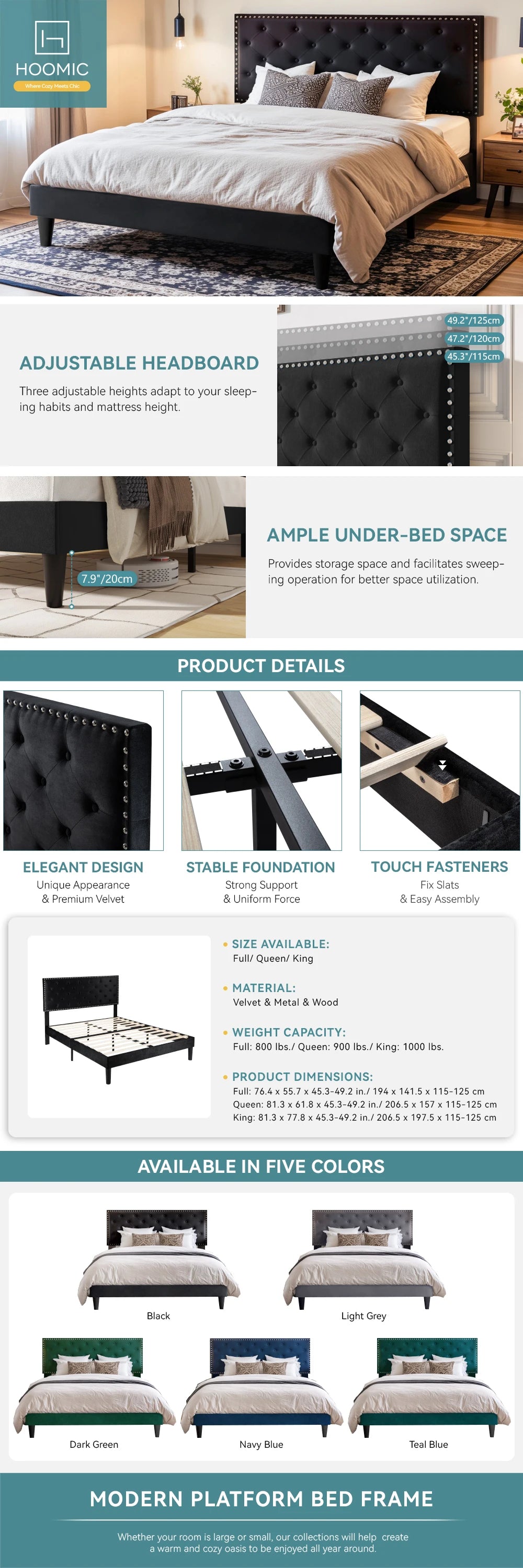 HOOMIC Bed Frame with Upholstered Headboard, Velvet Diamond Button Tufted Headboard, Strong Mattress Foundation Allewie
