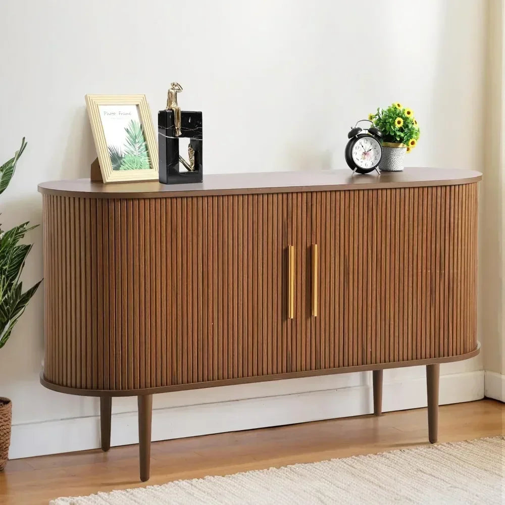 55" Sideboard Buffet with Fluted Slide Doors, Tambour Storage Cabinet with Shelves, Modern Credenza for Living Room