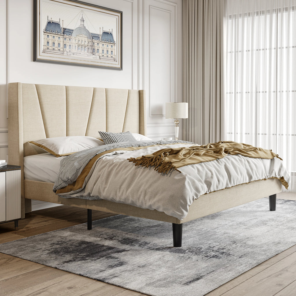 HOOMIC Platform Bed Frame with Geometric Wingback Headboard, Wooden Slats Support, No Box Spring Needed Allewie