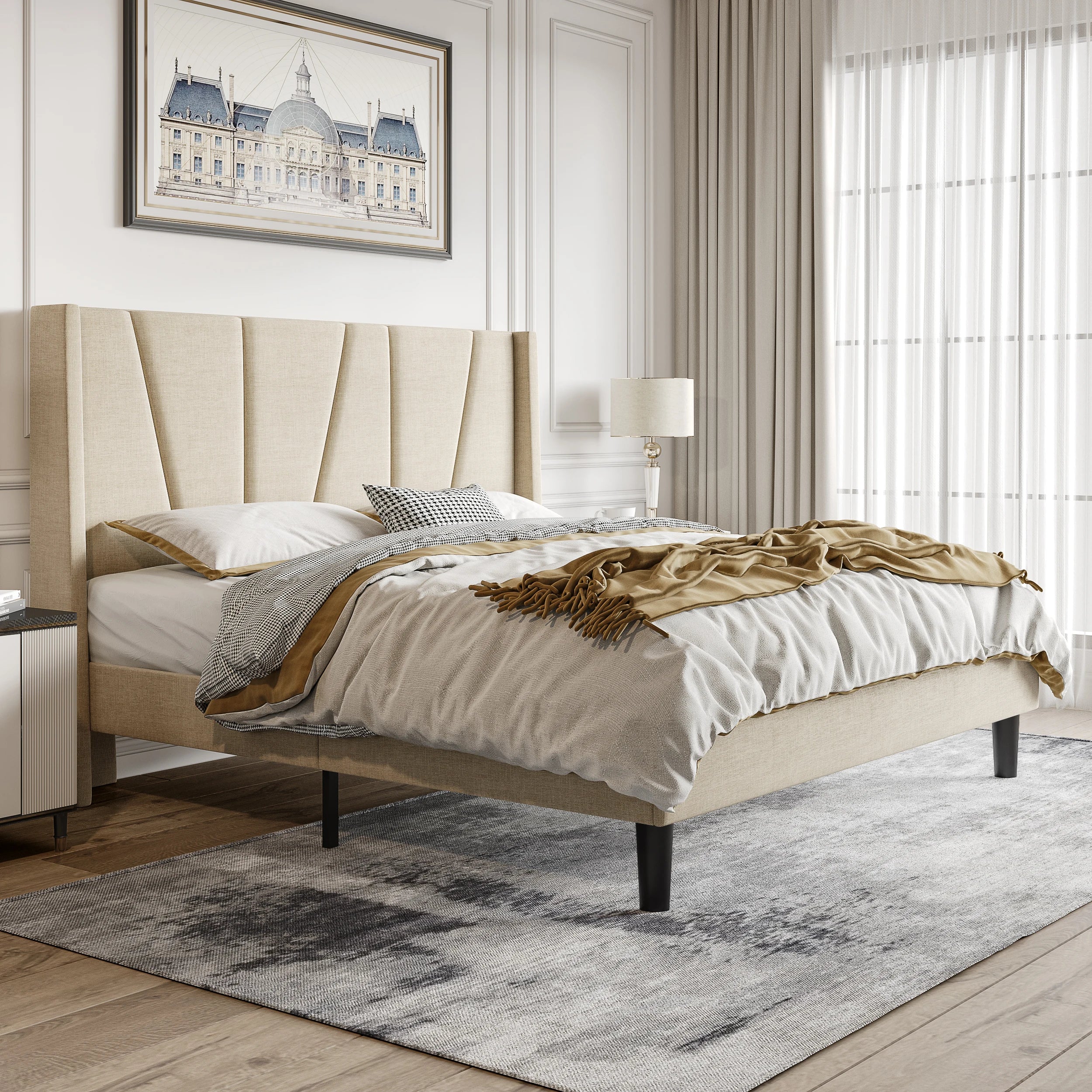 HOOMIC Platform Bed Frame with Geometric Wingback Headboard, Wooden Slats Support, No Box Spring Needed Allewie