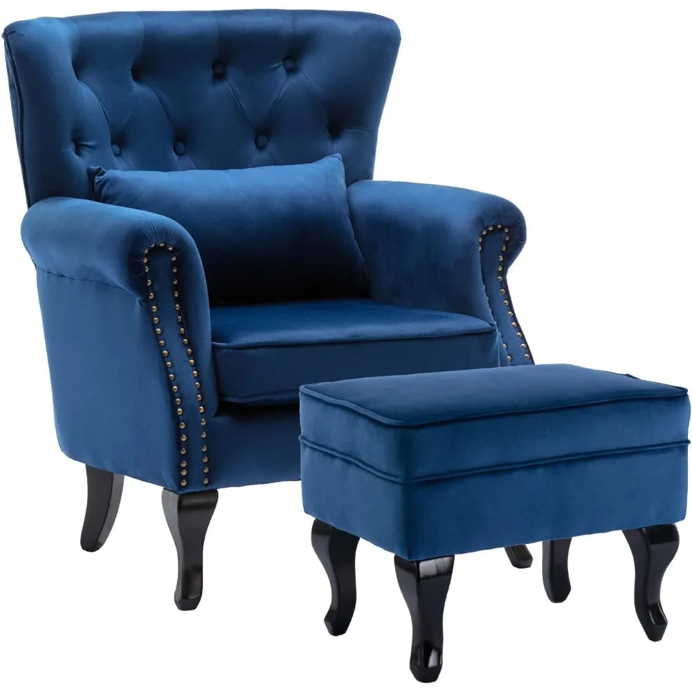 Mid-Century Velvet Tufted Wingback Chair with Ottoman, Padded Accent Seat for Home Living and Bedroom Spaces