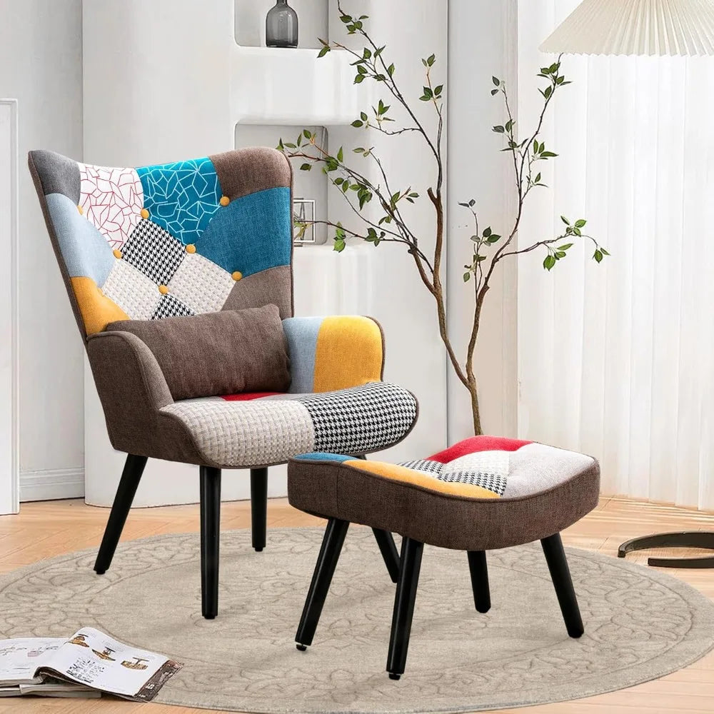 Accent Patchwork Chair with Ottoman Set Fabric High Wingback Chair Comfy Bohemian Flax Design Chair with Throw Pillow, for Livi