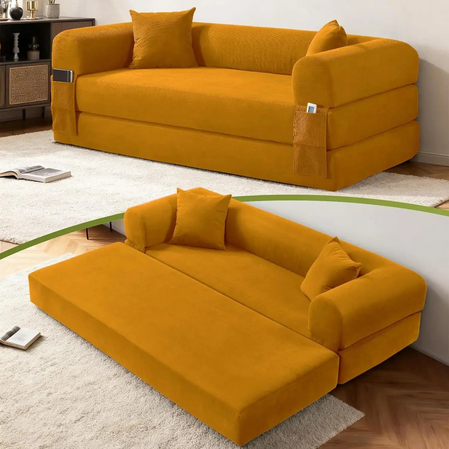 Corduroy Queen Sleeper Sofa Bed 80' Convertible Couch with Storage Pocket And Pillows Folding Pull-out Design No Assembly