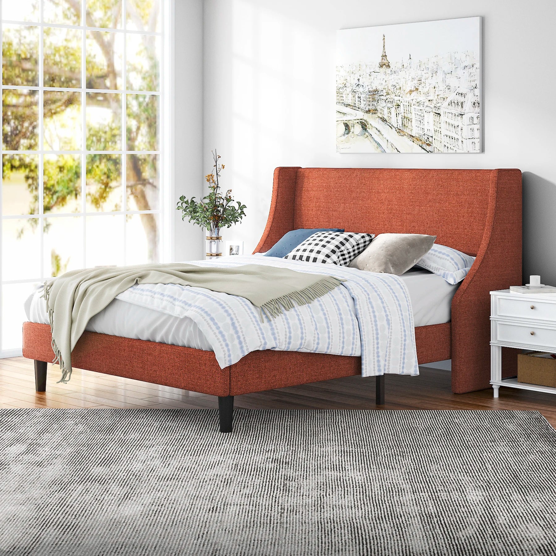 HOOMIC Bed Frame, Fabric Upholstered Modern Wingback Platform Bed with Headboard, Strong Wood Slats Support Allewie