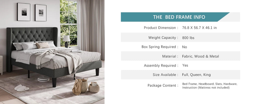 HOOMIC Classic Bed Frame with Button Tufted Wingback Headboard, Upholstered Platform Bed with Wooden Slats Support Allewie