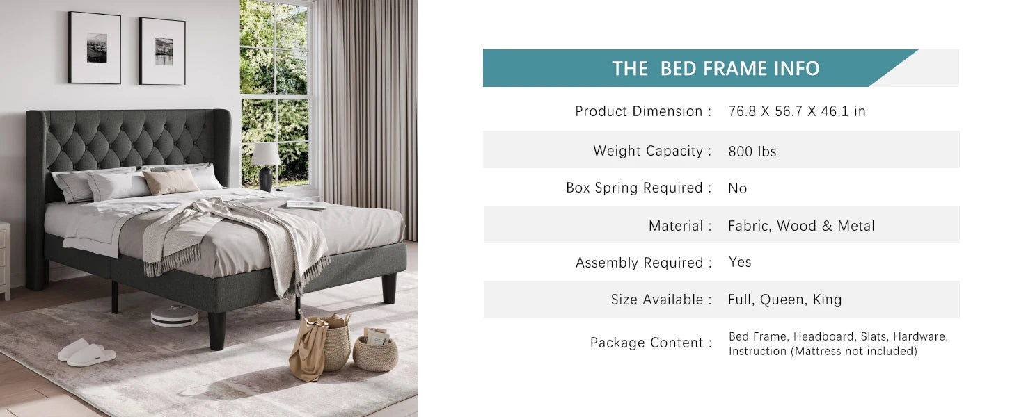 HOOMIC Classic Bed Frame with Button Tufted Wingback Headboard, Upholstered Platform Bed with Wooden Slats Support Allewie