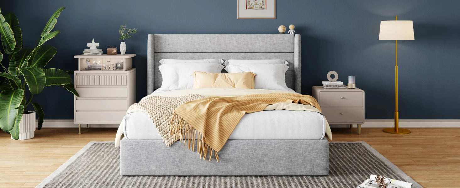 Lift Up Storage Bed with Wingback Headboard/Heavy-Duty Hydraulic Bed/Large Underneath Storage
