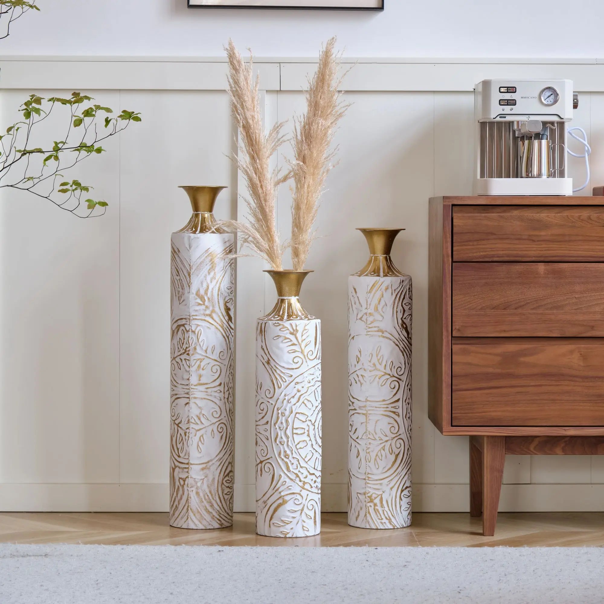 Home Decoration Set 3 White Glazed Metal Vases 24in/28.7in/33.5in Height Elegant Floor Decor