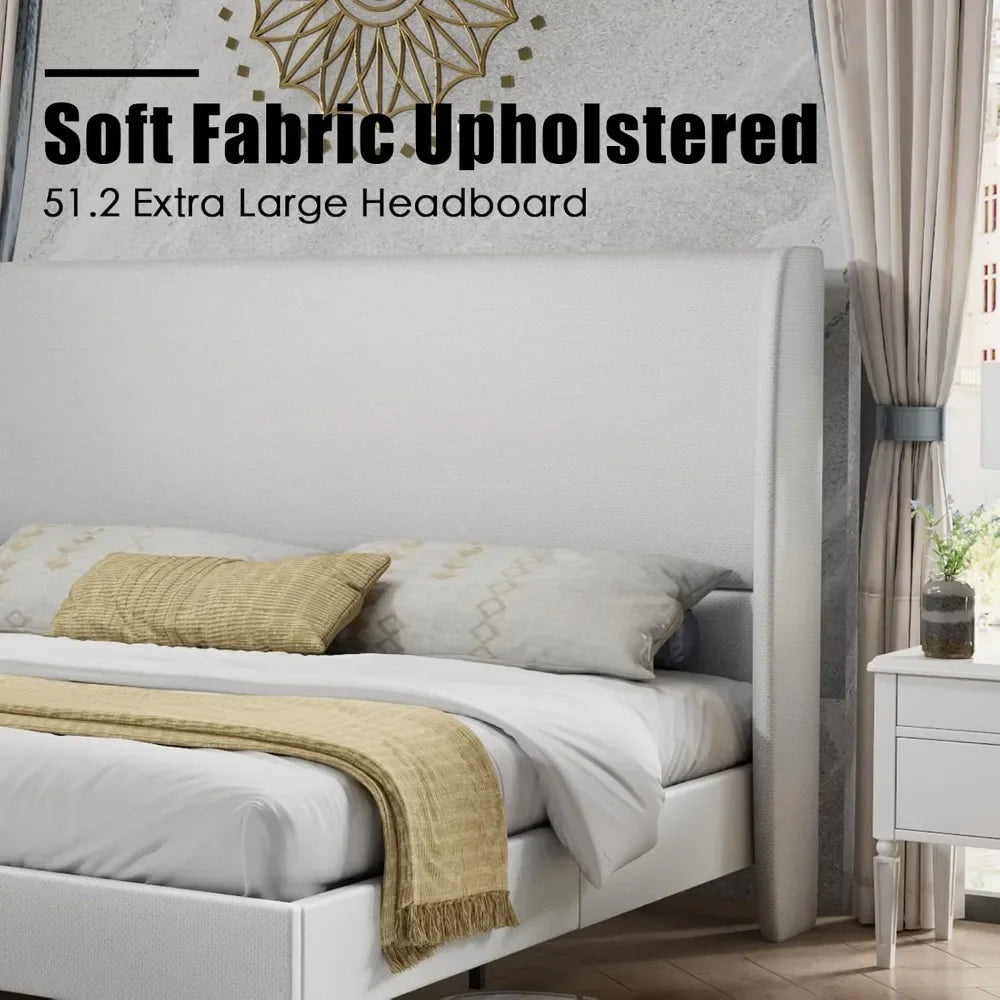 King Platform Bed Frame 51.2" High Headboard Tall Upholstered Bed/No Box Spring Required/Wood Slat Support Assembly