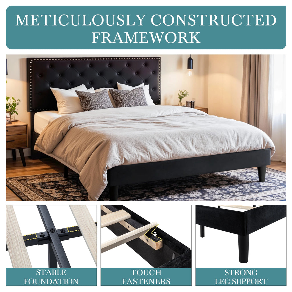 HOOMIC Bed Frame with Upholstered Headboard, Velvet Diamond Button Tufted Headboard, Strong Mattress Foundation Allewie