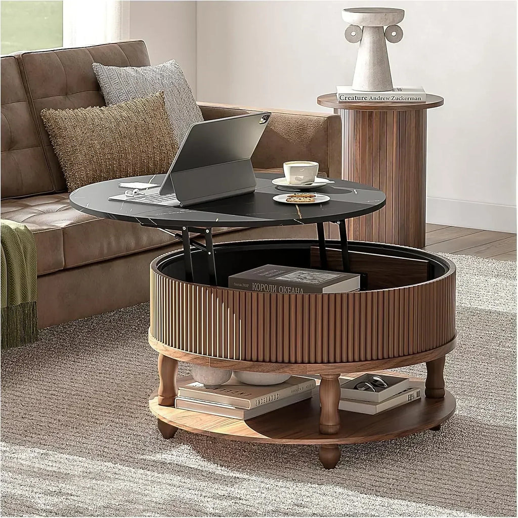 Round Coffee Table with Storage,Mid Century Modern Coffee Table with Sliding Cabinet Door,Coffee Table for Living Room