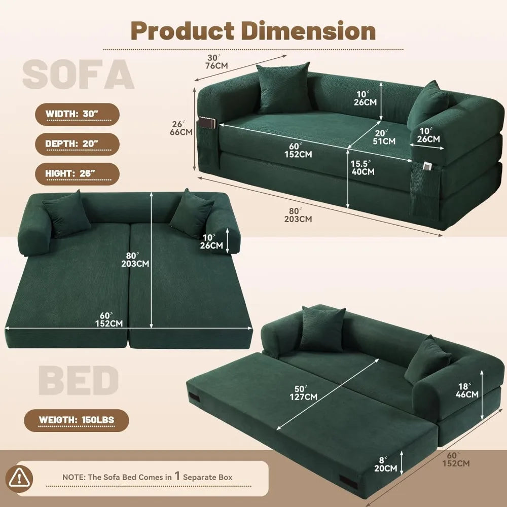 Corduroy Queen Sleeper Sofa Bed 80' Convertible Couch with Storage Pocket And Pillows Folding Pull-out Design No Assembly