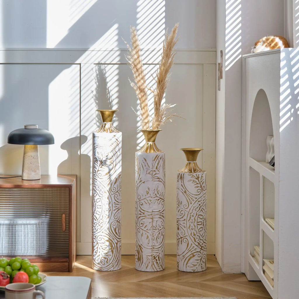 Home Decoration Set 3 White Glazed Metal Vases 24in/28.7in/33.5in Height Elegant Floor Decor