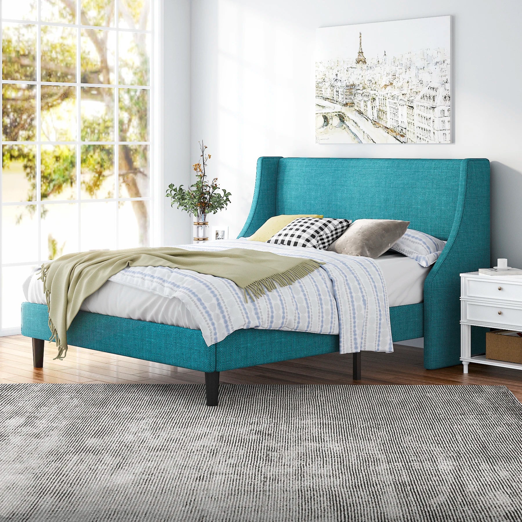 HOOMIC Bed Frame, Fabric Upholstered Modern Wingback Platform Bed with Headboard, Strong Wood Slats Support Allewie