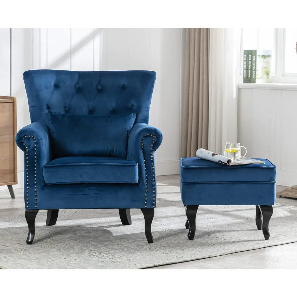 Mid-Century Velvet Tufted Wingback Chair with Ottoman, Padded Accent Seat for Home Living and Bedroom Spaces