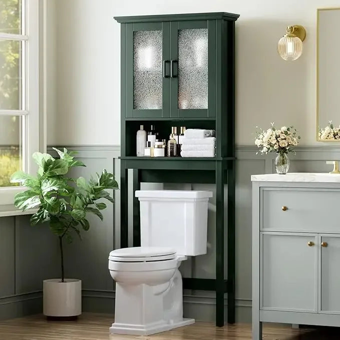 Over the Toilet Storage Cabinet with Glass Doors and Adjustable Shelf