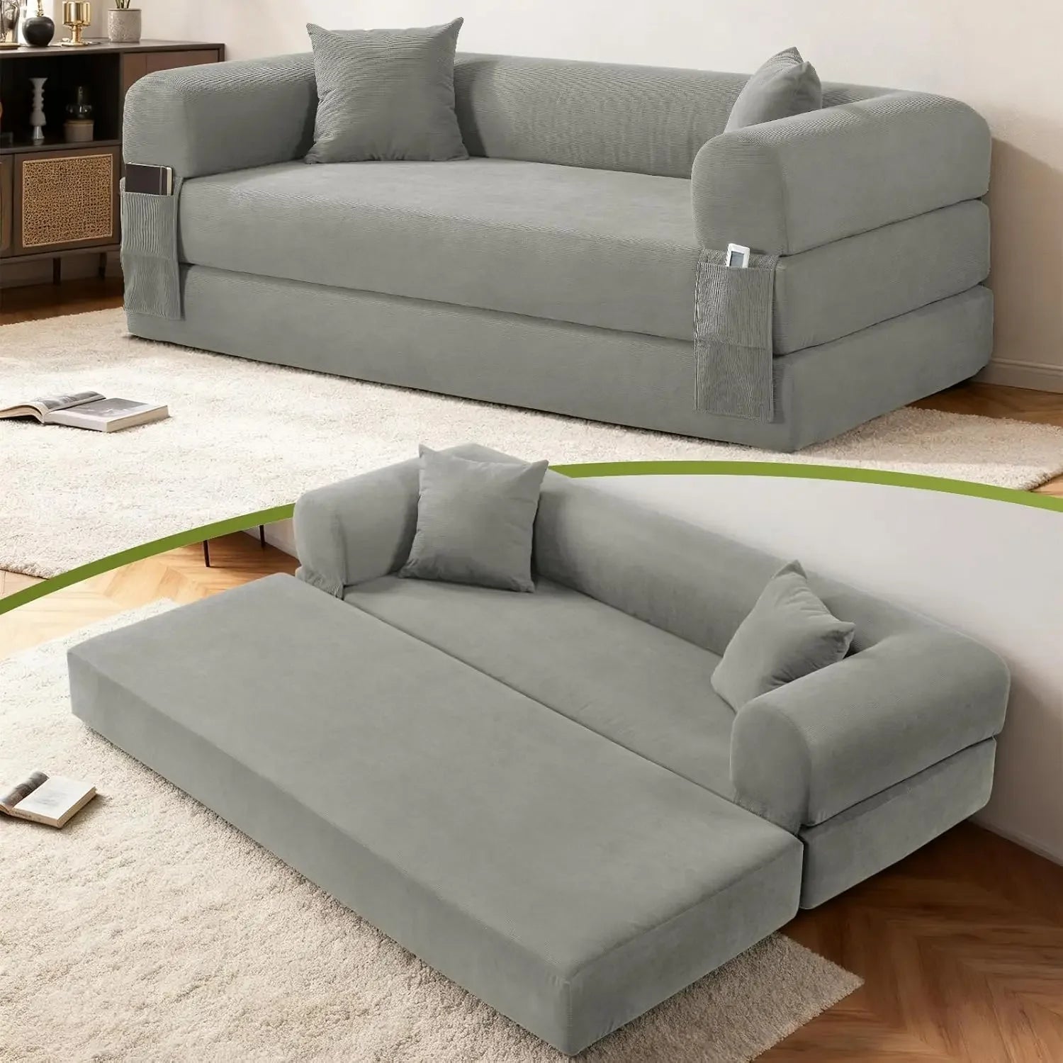 Corduroy Queen Sleeper Sofa Bed 80' Convertible Couch with Storage Pocket And Pillows Folding Pull-out Design No Assembly