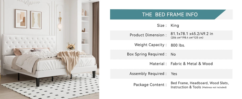 HOOMIC Bed Frame with Adjustable Diamond Tufted Headboard/Faux Leather Upholstered Platform Bed Frame
