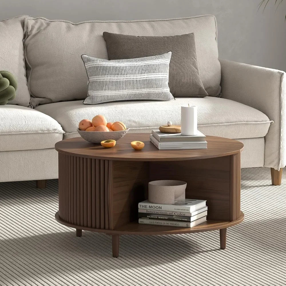 Round Coffee Table with Storage,Mid Century Modern Coffee Table with Sliding Cabinet Door,Coffee Table for Living Room