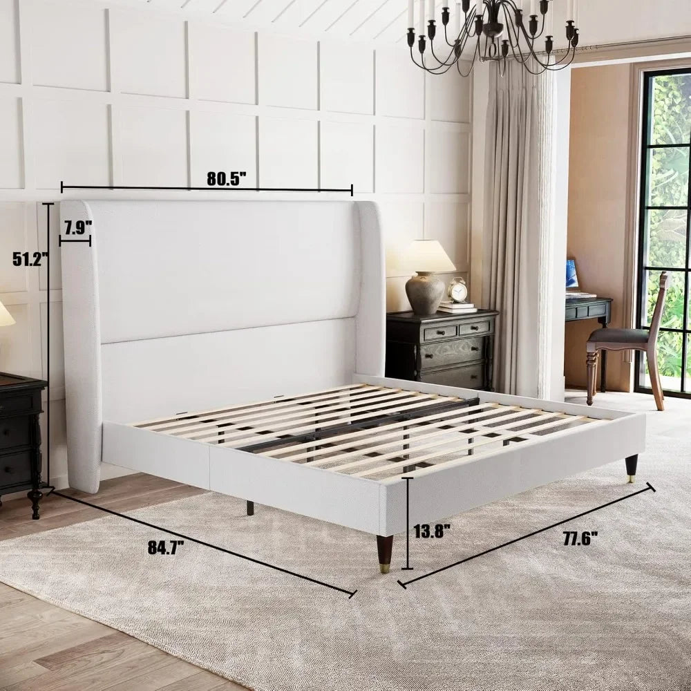 King Platform Bed Frame 51.2" High Headboard Tall Upholstered Bed/No Box Spring Required/Wood Slat Support Assembly
