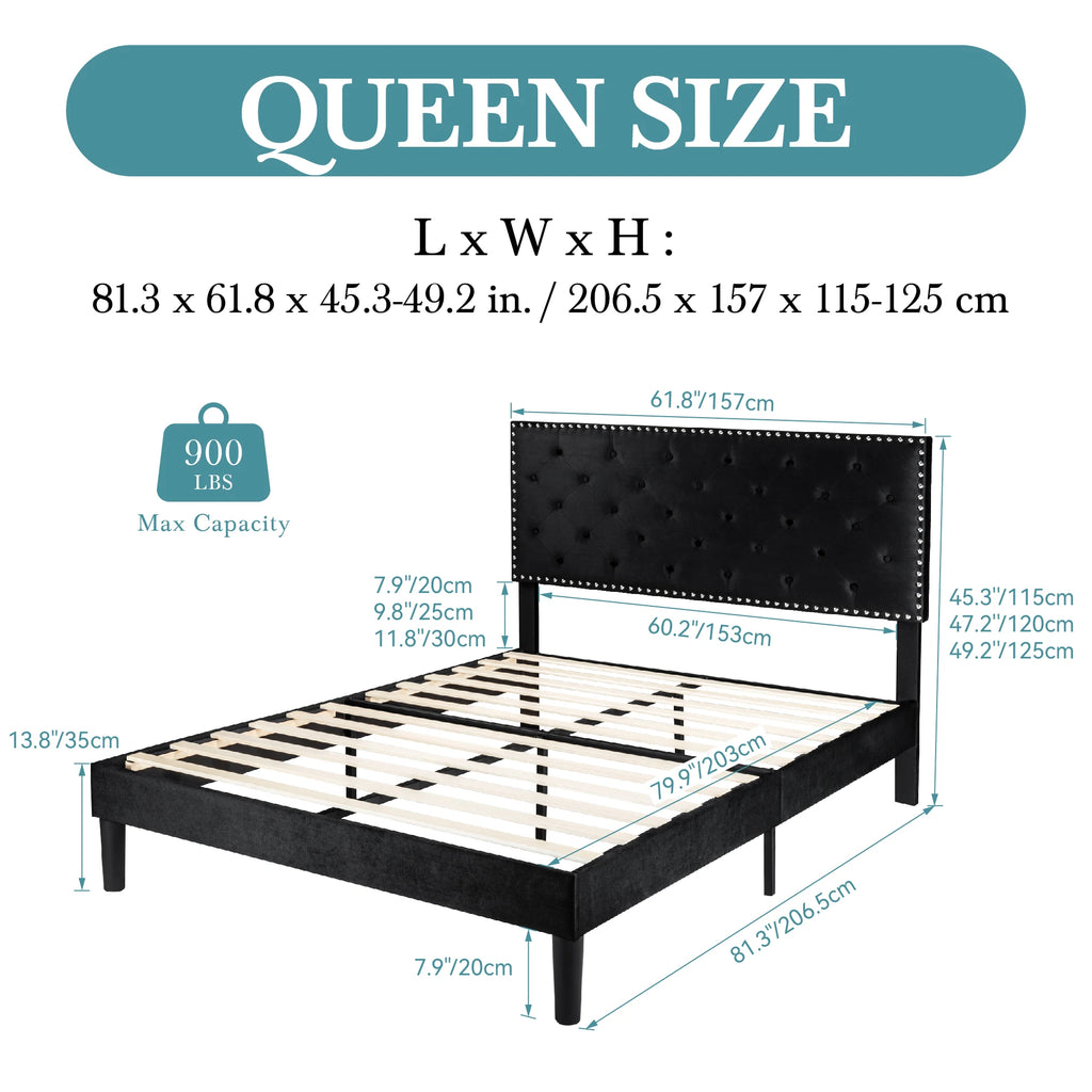HOOMIC Bed Frame with Upholstered Headboard, Velvet Diamond Button Tufted Headboard, Strong Mattress Foundation Allewie