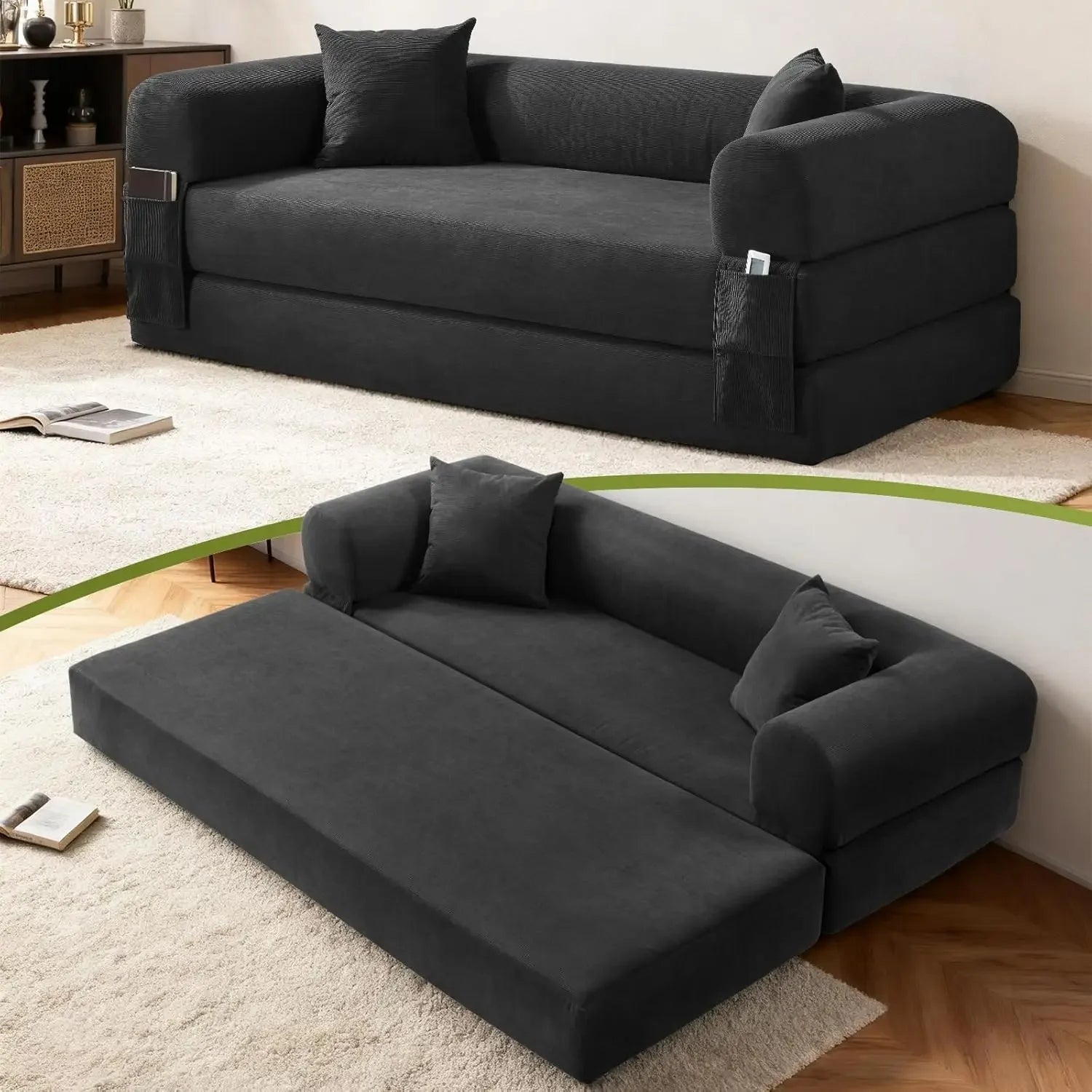 Corduroy Queen Sleeper Sofa Bed 80' Convertible Couch with Storage Pocket And Pillows Folding Pull-out Design No Assembly