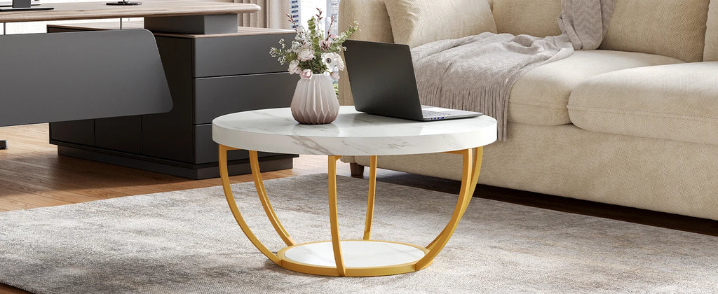 32" Circle Marble Coffee Tables, 2-Tier Golden Metal Legs Accent Center Table with Open Storage Modern Design