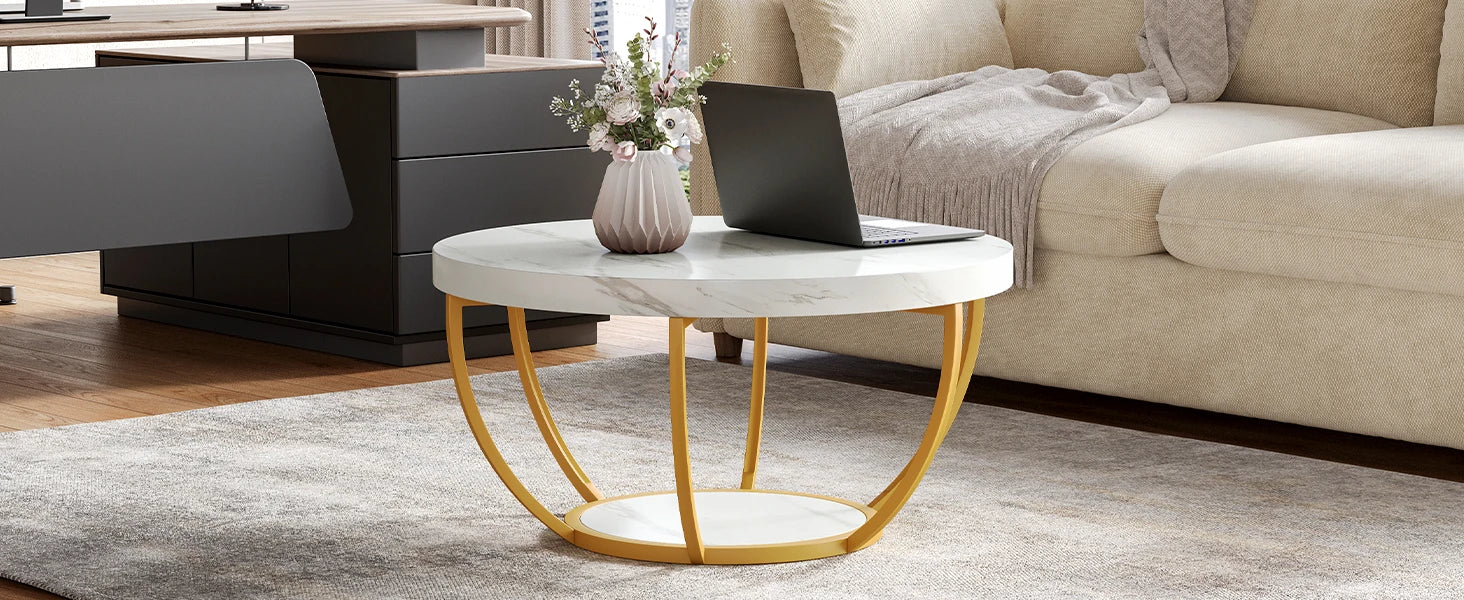 32" Circle Marble Coffee Tables, 2-Tier Golden Metal Legs Accent Center Table with Open Storage Modern Design