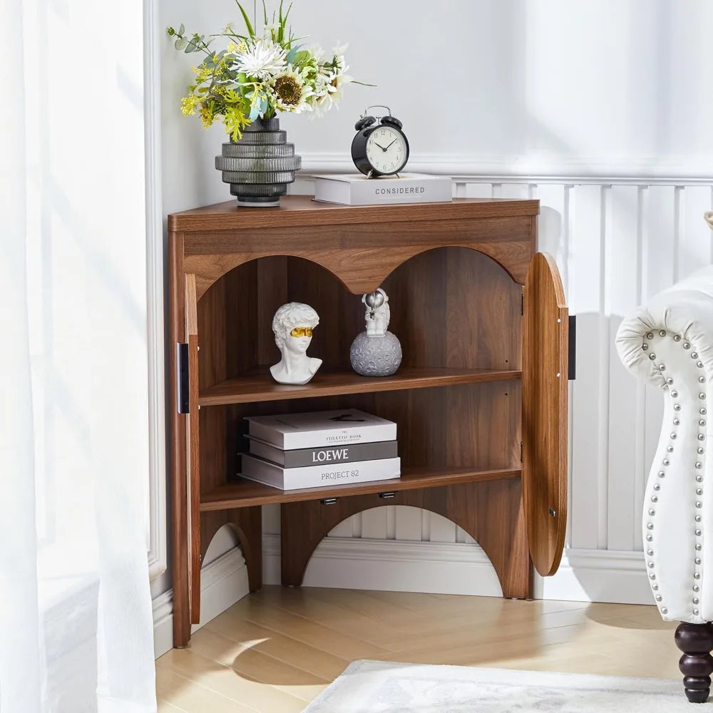 Small Corner Storage Cabinet, Mid Century Modern Floor Corner Cabinet with Curved Doors and Adjustable Shelves，Freestanding Narr