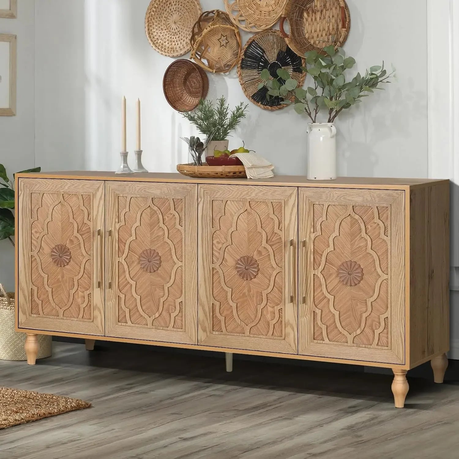 Sideboard Buffet Credenzas for Living Room, 63" Antique Entryway Table with Storage Accent Cabinet, Carved Flowers Doors