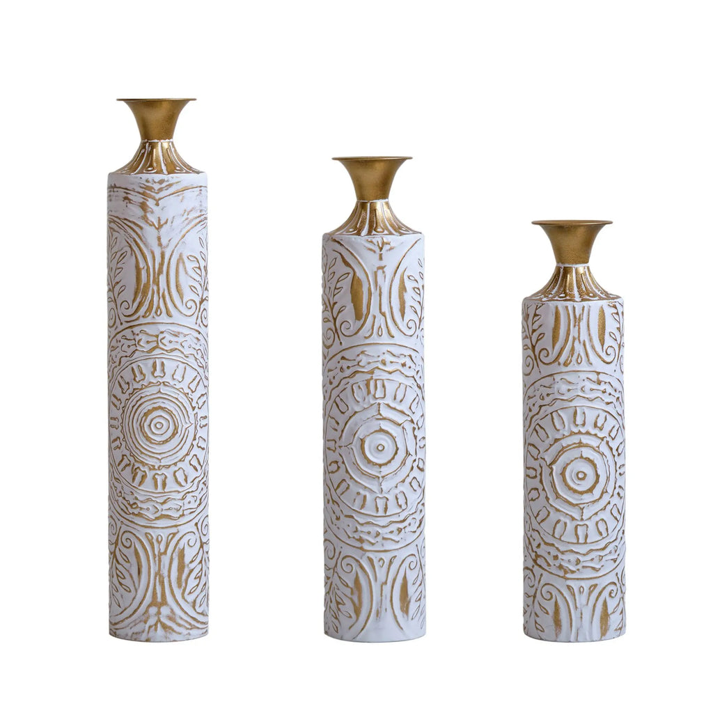 Home Decoration Set 3 White Glazed Metal Vases 24in/28.7in/33.5in Height Elegant Floor Decor