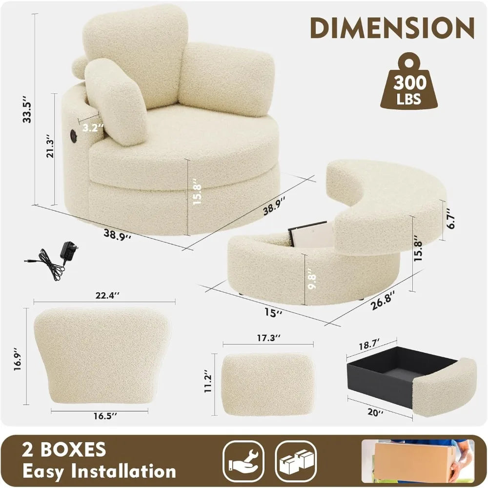 Accent Chair with Half Moon Ottoman, Round Chairs with Drawer Storage for Living Room, 360° Barrel Chair with USB Charging