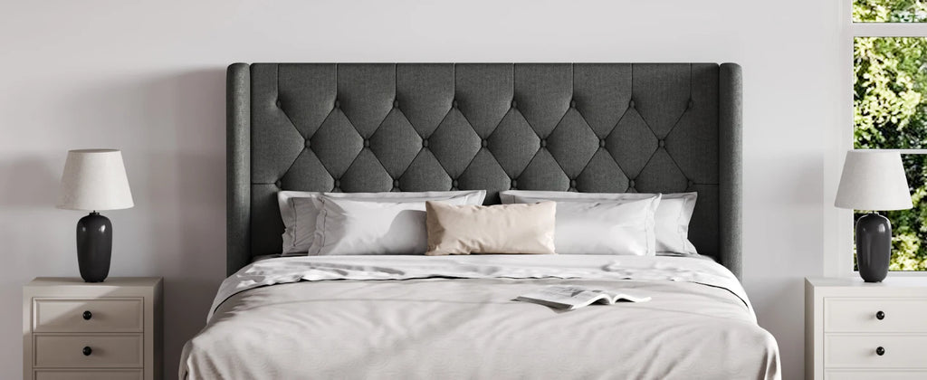 HOOMIC Classic Bed Frame with Button Tufted Wingback Headboard, Upholstered Platform Bed with Wooden Slats Support Allewie