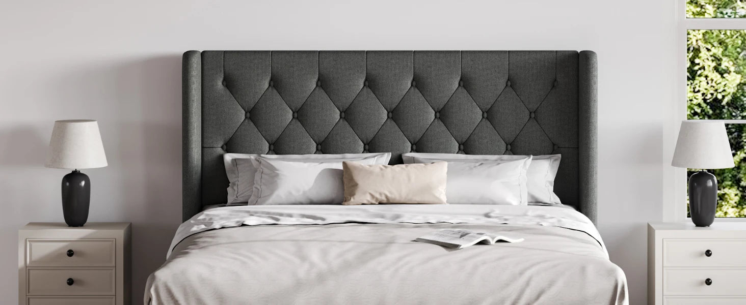 HOOMIC Classic Bed Frame with Button Tufted Wingback Headboard, Upholstered Platform Bed with Wooden Slats Support Allewie