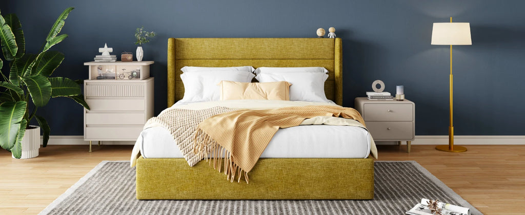 Lift Up Storage Bed with Wingback Headboard/Heavy-Duty Hydraulic Bed/Large Underneath Storage