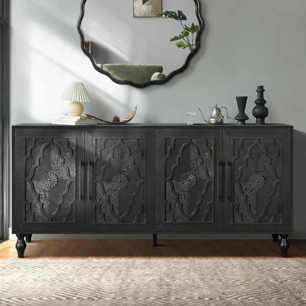 Sideboard Buffet Credenzas for Living Room, 63" Antique Entryway Table with Storage Accent Cabinet, Carved Flowers Doors